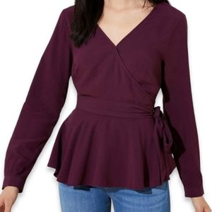 Loft - Wrap Burgundy Long Sleeve Blouse Size S Petite
